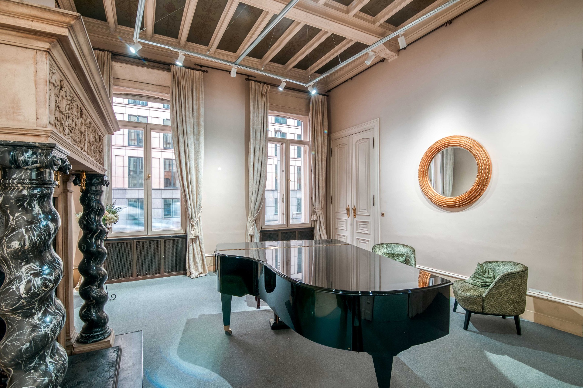 Music room with marble fireplace